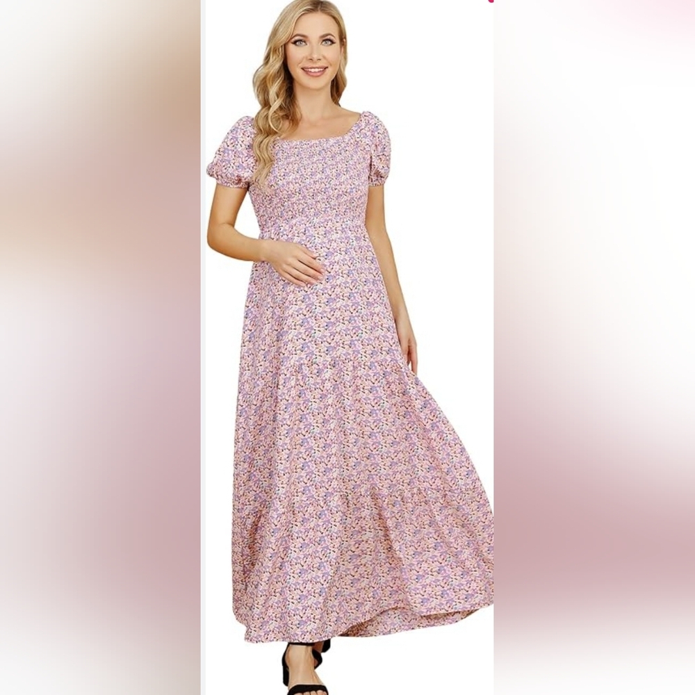 New! Coolmee Womens Small colorful floral smock maxi maternity dress